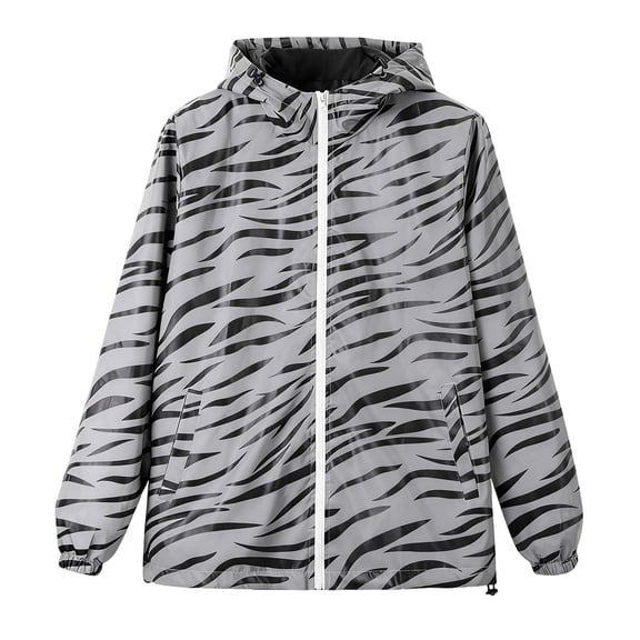Stamzod Windbreaker Jackets for Men Long Sleeve Hooded Reflective Jacket Outdoor Night Cycling Running Safety Coats Gray W M