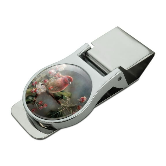 Purple Finch Bird Tree Blossoms Satin Chrome Plated Metal Money Clip