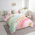 thumbnail image 3 of Feelyou Luxury Abstract Ombre Bedding Comforter Set 7pcs, Pink Green Stripes Queen Bedding Sets, Bling Marbling Stripes Reversible Queen Sheet Sets, Microfiber Bedroom Decor, 3 of 7
