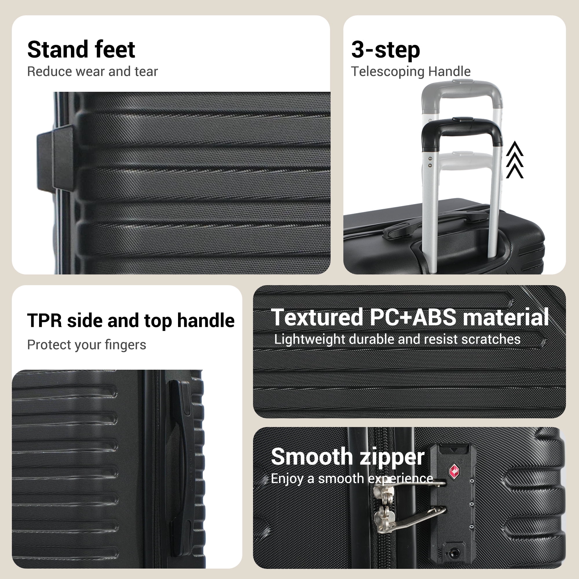 Travelhouse 5-Piece Hardside Luggage Set Spinner Lightweight Suitcase with TSA Lock & Duffel Bag,Black