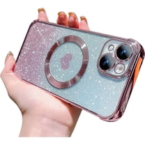 for iPhone 14 Plus Case Magnetic Gradient Glitter [ Compatible with MagSafe ], Bling Love Heart Clear Phone Case, Camera Protection Sparkly Slim Soft Back Cover for Women Girls - Pink
