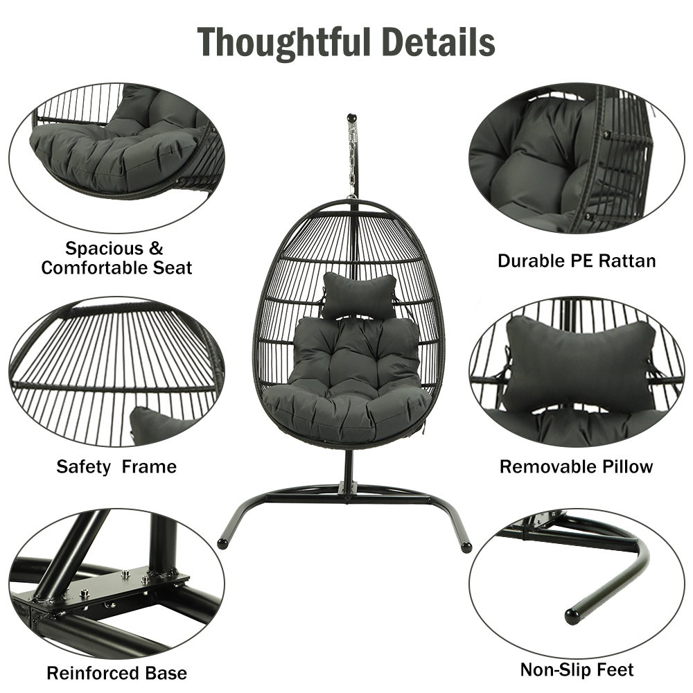 Patio Wicker Hanging Chair with Stand and Gray Cushion, Heavy Duty Hanging Egg Chair with Iron Frame, UV Resistant Outdoor Furniture Swing Chair with Headrest Pillow, Capacity of 240lbs, Q17156 - image 5 of 12