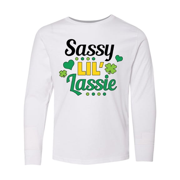 Inktastic Saint Patrick's Day Sassy Lil' Lassie with Shamrocks Long Sleeve Youth T-Shirt