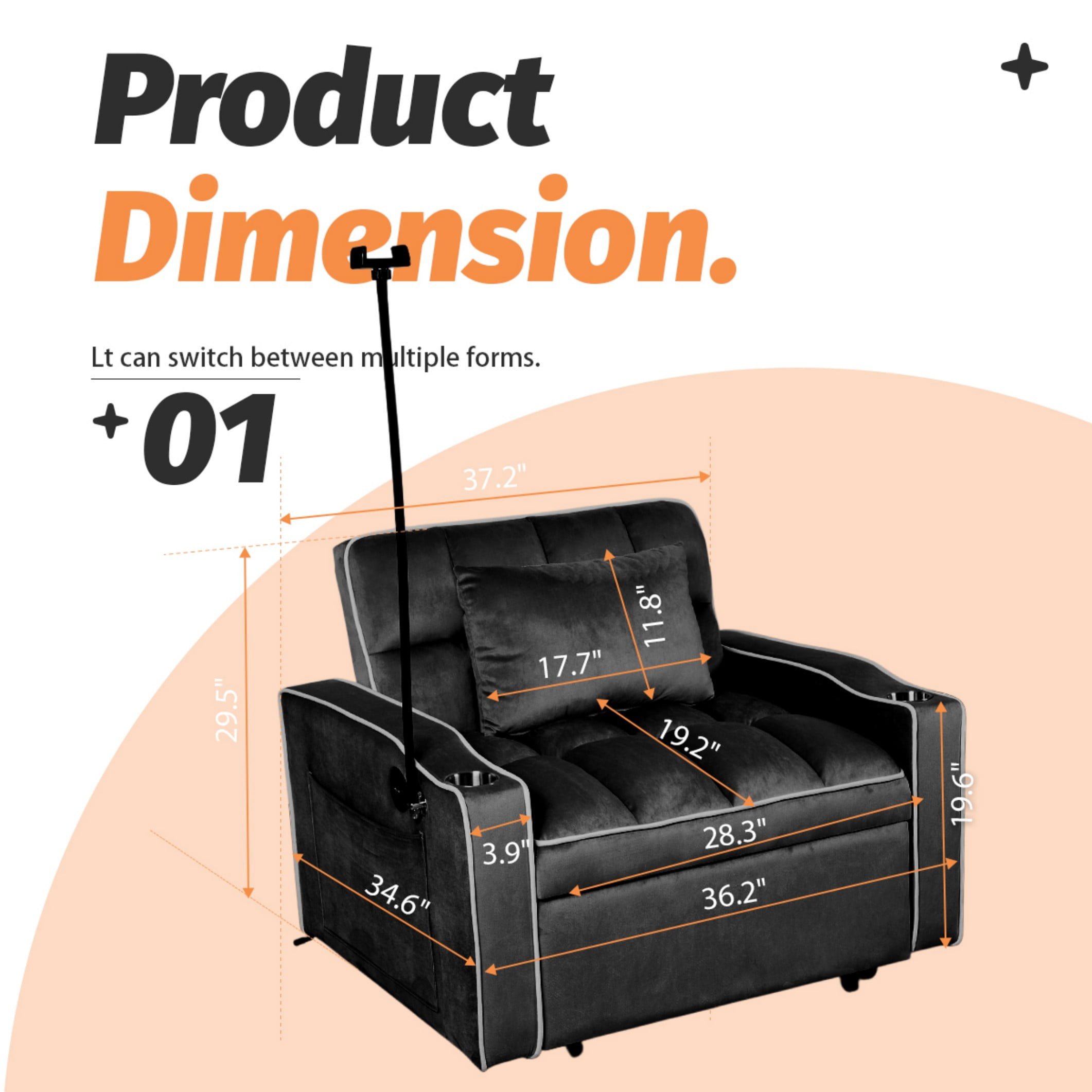 BSHTI 37.2" Convertible Pull-Out Sleeper Chair – with 3 Adjustable Angles, Velvet Upholstery, Side Pocket Storage, Solid Wood Frame,Black