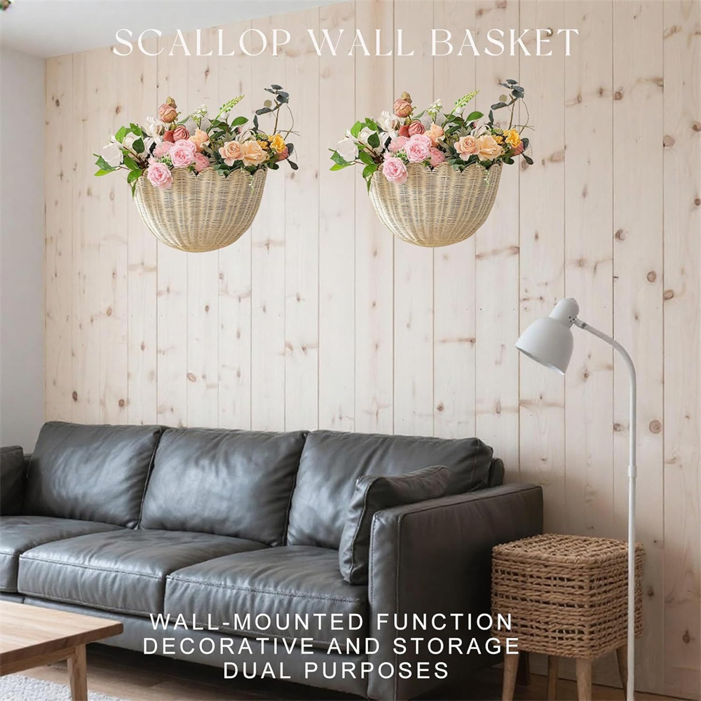 Triani 1Pcs Scalloped Wall Baskets Hand Woven Hanging Rattan Basket Hanging Woven Rattan Wall Basket Decorative Storage Organizer for Bathroom Front Door