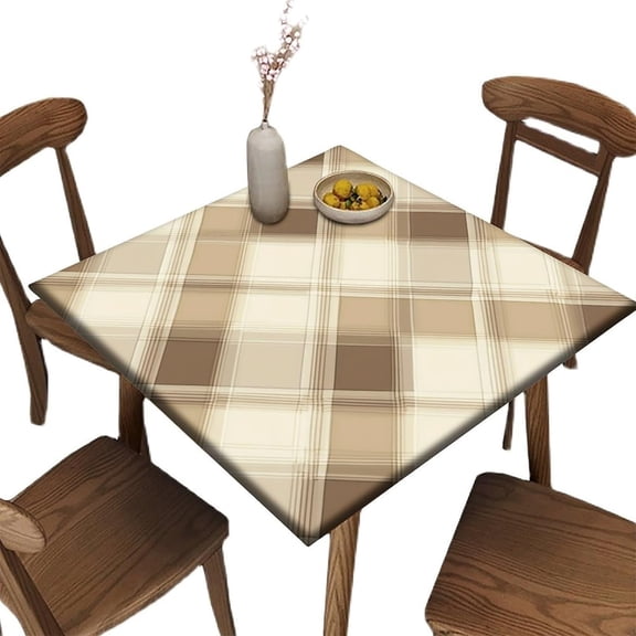 Square Card Tablecloth, Beige and Brown Plaid Pattern Printed on Polyester Square Table Fitted Cover, Ideal for Sunday Brunch Home Dining, Fit for 32" x 32" Square Tables