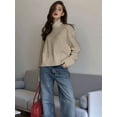 thumbnail image 3 of Women'S High Collar Sweater Chunky Long Sleeve Knitted Pullover Trendy Fall Winter Basic Jumper Top Khaki M, 3 of 6