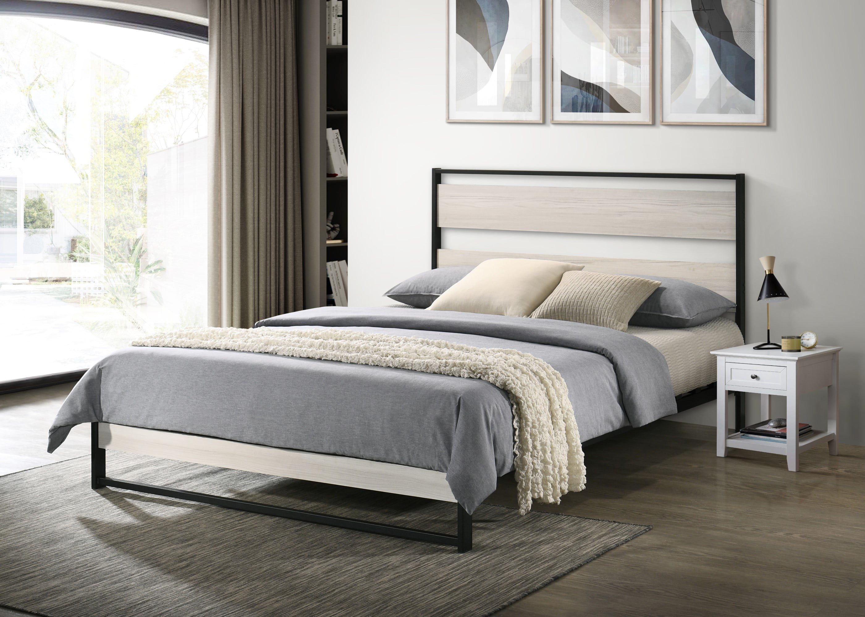 Home Design Huron Queen Metal Platform Bed Frame with Full Slats and Under-Bed Storage, Light Gray, Easy Assembly
