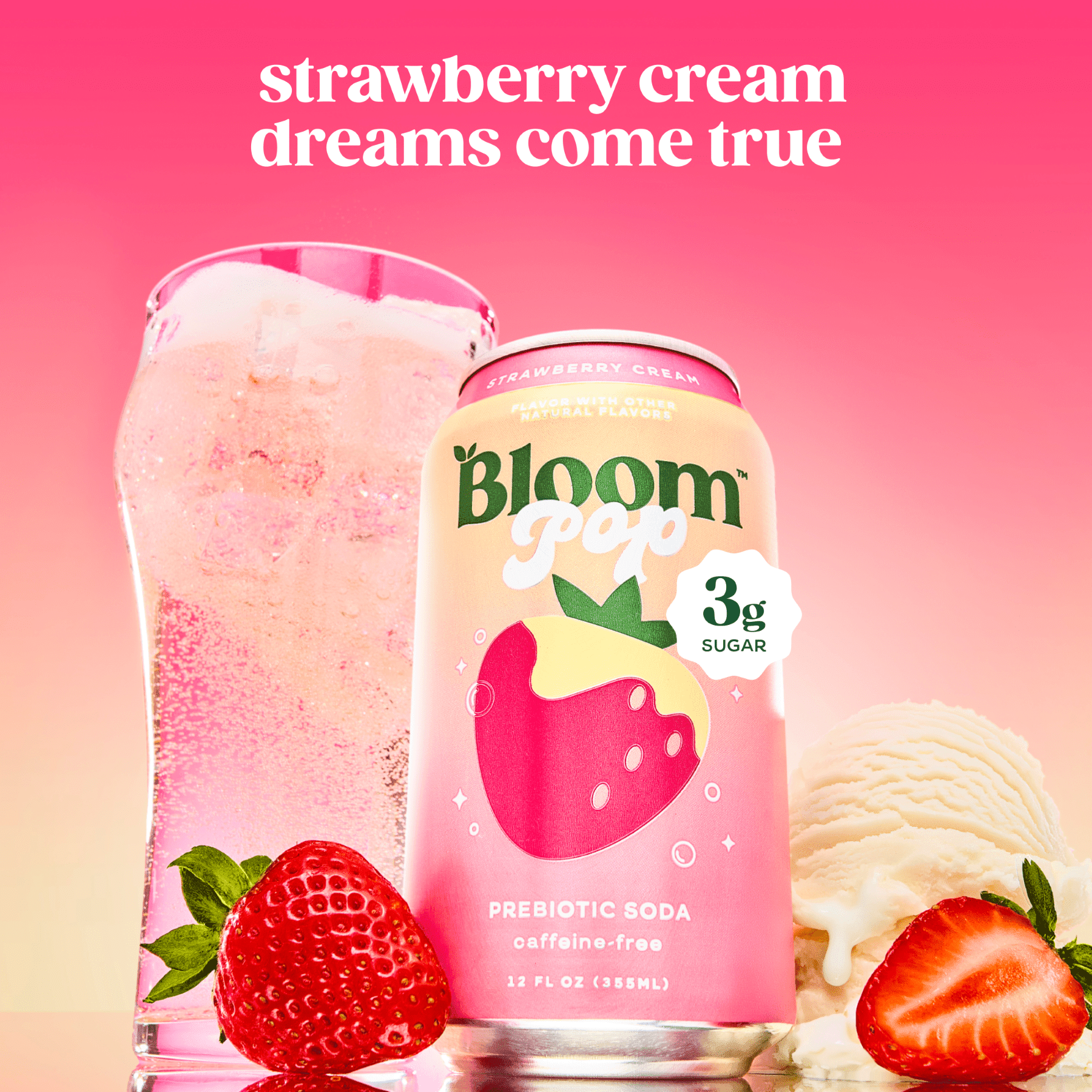 Bloom Nutrition Pop Prebiotic Soda, Strawberries & Cream, 12 fl oz, 12 Pack