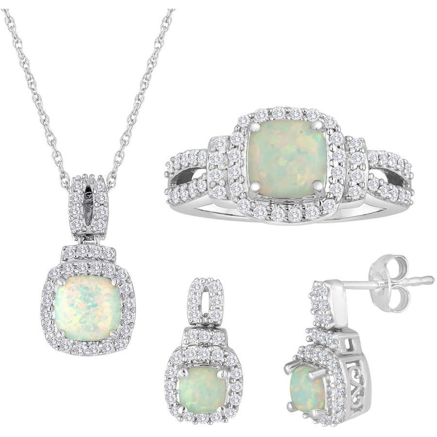 Lab Created Opal and Cubic Zirconia Sterling Silver 3-Piece Boxed Set with Earring, Ring and Pendant, 18" by Generic