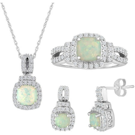 Lab Created Opal and CZ Sterling Silver 3-Piece Boxed Set with Earring, Ring and Pendant, 18