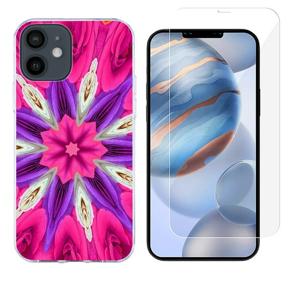 Slim-Fit Protective Phone Case compatible with iPhone 12 Mini, with Tempered Glass Screen Protector, by OneToughShield ® - Kaleidoscope Rose