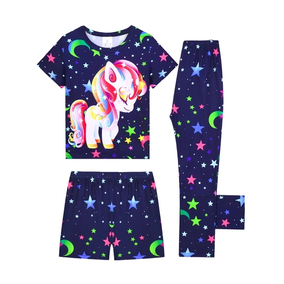 QEFJNO Girls 3-Piece Summer Pajama Sets Kids Unicorn Pjs Short Sleeve Sleepwear Shirt Shorts Pants 3-12Y