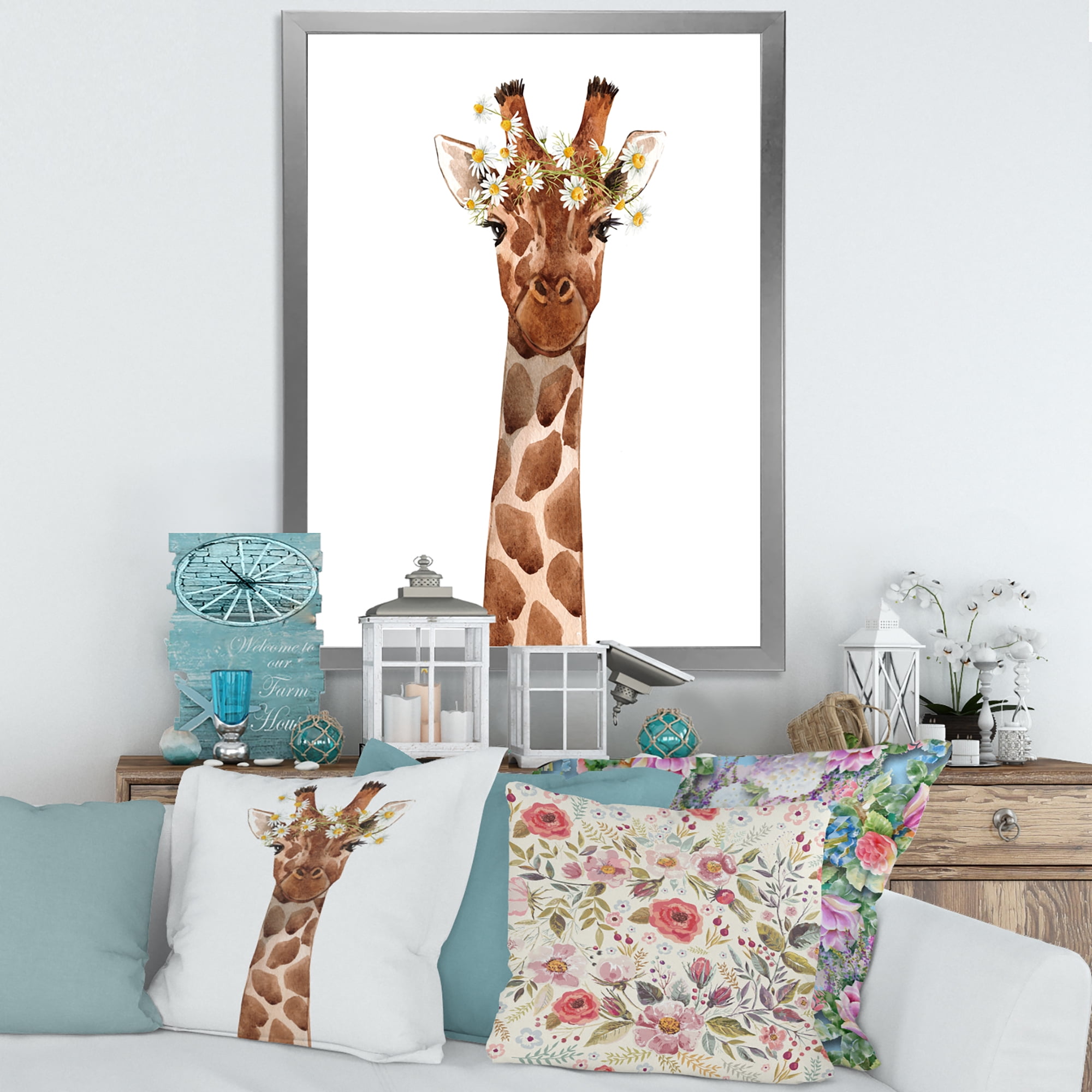 Designart 'Portrait of A Giraffe With White Flowers' Farmhouse Framed Art Print