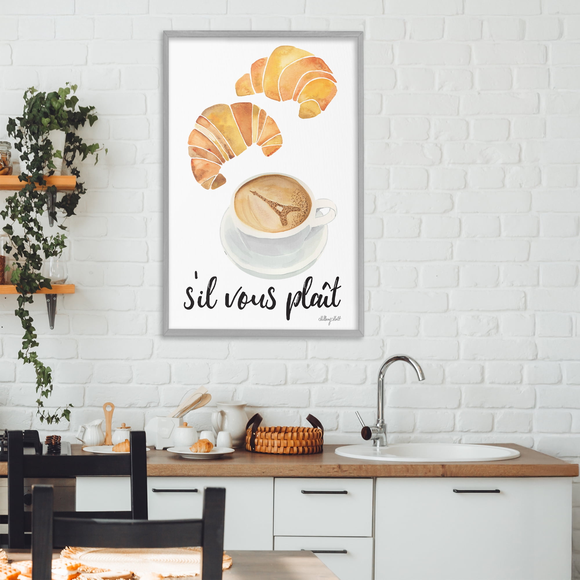 Stupell Industries Paris Croissant and Coffee Gray Framed Giclee Art, design by Hillary Holt