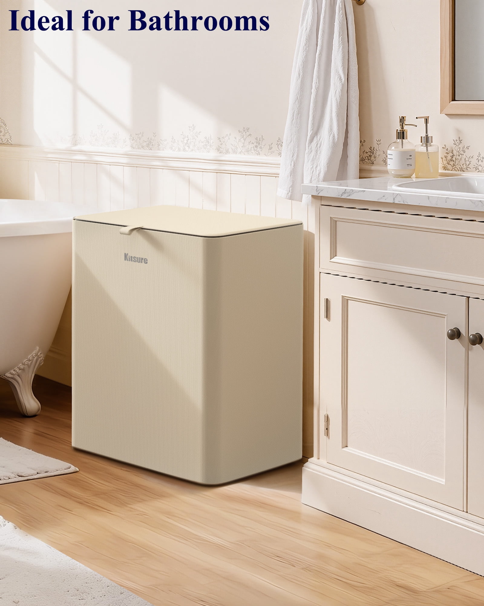 Kitsure 100L Laundry Basket with Lid, 2-Compartment Laundry Hamper with Removable Laundry Bags, White Clothes Hamper for Bathroom, Bedroom & Laundry Room