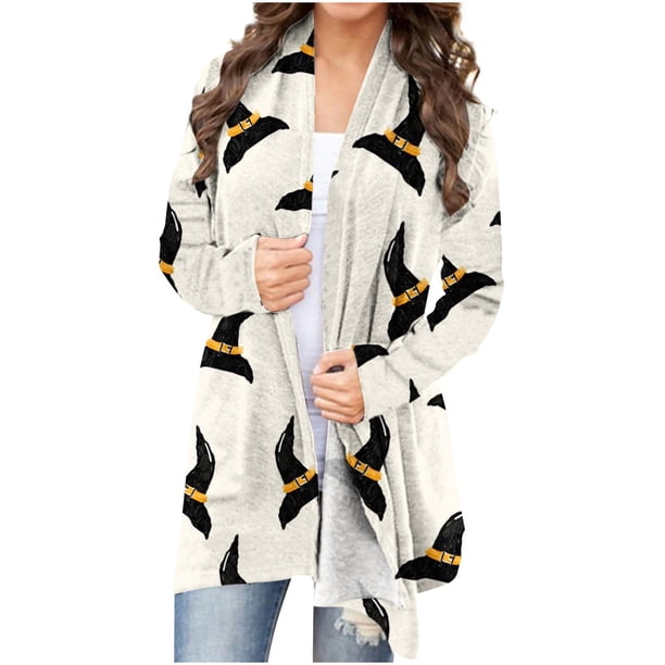 Camiseta de manga larga para mujer, cárdigan de otoño, cárdigan suelto, camisa estampada, cárdigan, Top, cárdigan de Halloween, camisa Pompotops qwe20842