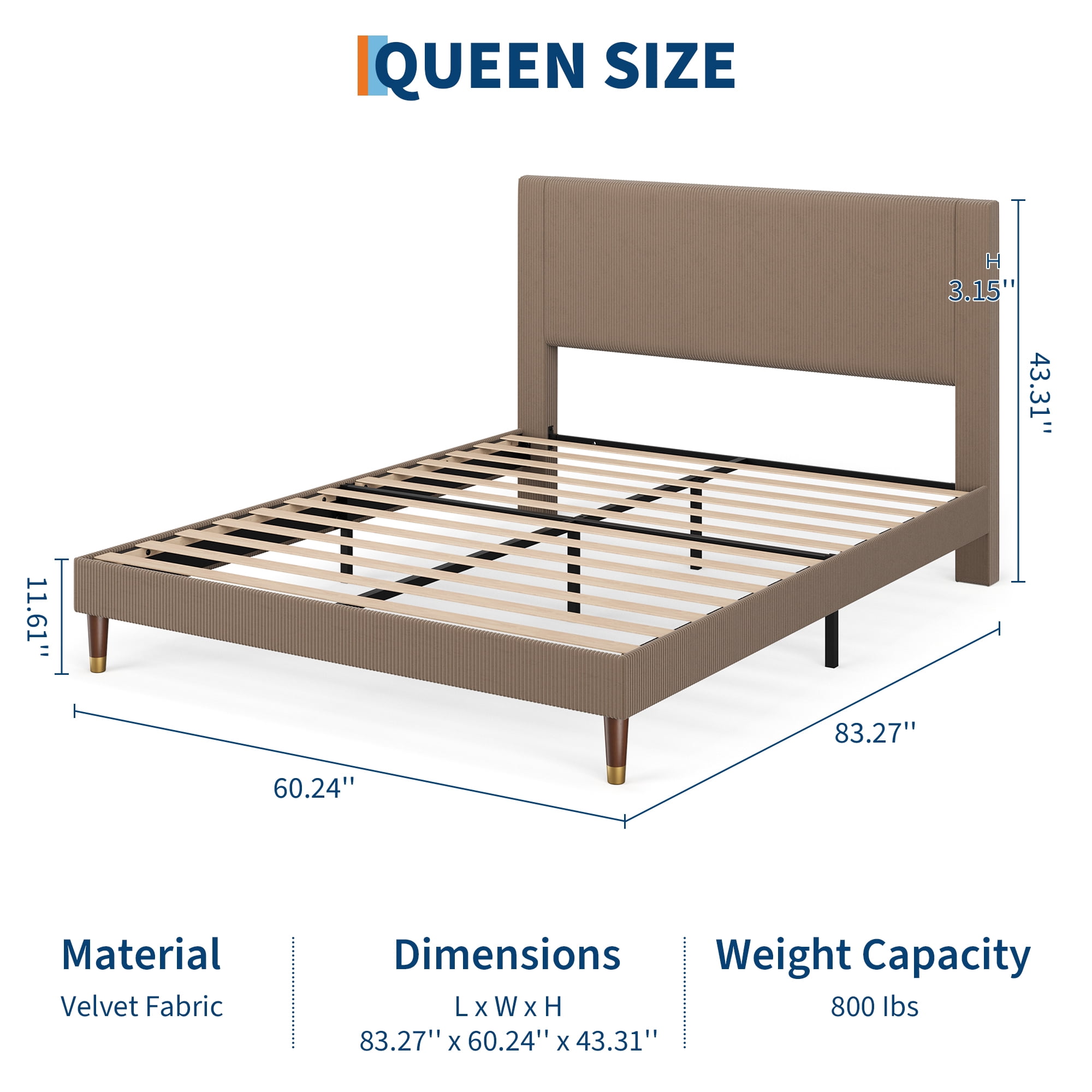 King Size Corduroy Bed Frame with Headboard, Heavy Duty Wood Slats, Noise-Free & Easy Assembly, No Box Spring Needed, Modern for Bedroom, Guest Room, Apartment