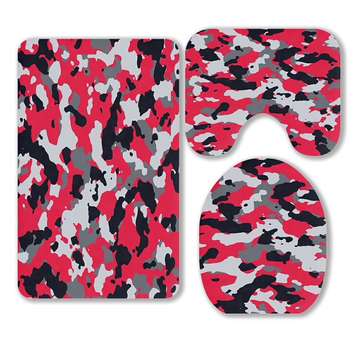 ECZJNT fashion red gray camo 3 Piece Bathroom Rugs Set Bath Rug Contour
