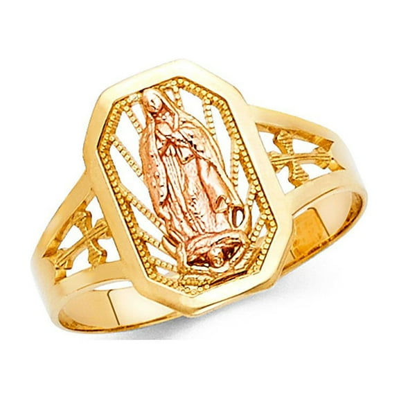 14k Two Tone Italian Gold Emerald Shape Virgen Guadalupe Ring 15mm