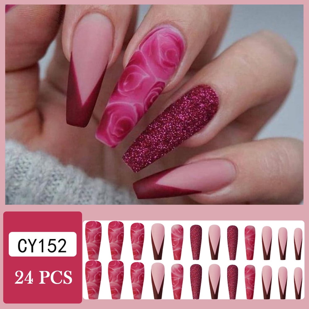 Fake Nails with Pink Rose Pattern with Suitable Radian And Thickness