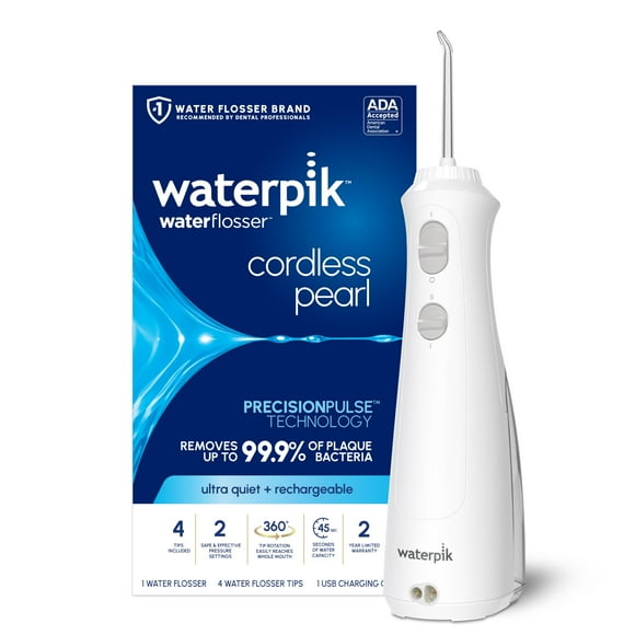 Waterpik Cordless Pearl Rechargeable Portable Water Flosser for Teeth, Gums, Braces Care and Travel with 4 Flossing Tips - ADA Accepted, WF-13 White, Packaging May Vary