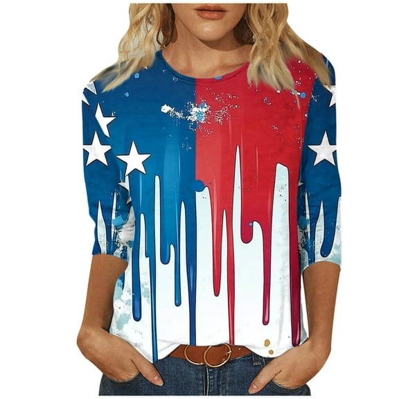 GERsome 4th of July T Shirts Womens 3/4 Length Sleeve Patriotic Tops Casual American Flag Shirts Crewneck Loose-Fit Blouses S-5XL