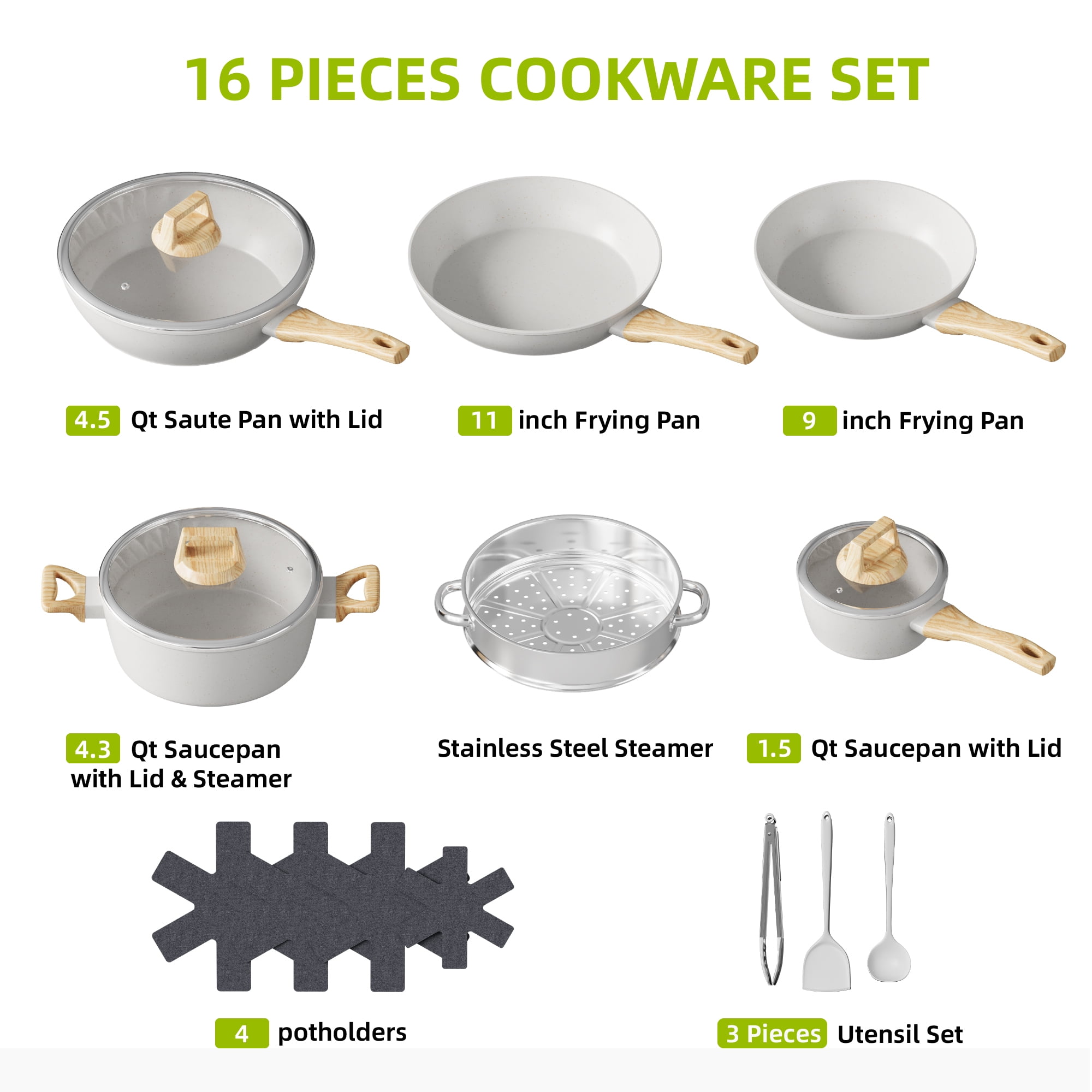 Furnibear 16pcs Nonstick Pots and Pans Set, Ceramic Cookware Set with Steamer and Cooking Utensils, for RV and Camping White