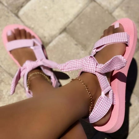 

Alueeu Women s sandals Women s Fashion Summer Flat Comfortable Sandals Plaid Bowknot Beach Sandals