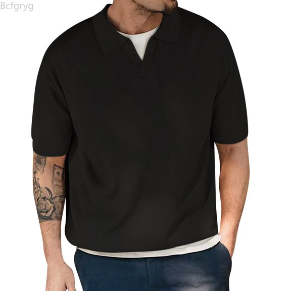 Bcfgryg Mens Summer Cotton Fashion Poster Holiday Beach Lapel Solid Short Sleeve Shirt T Shirt Men's T Shirts Black L