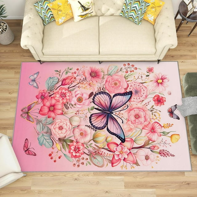 3x5 Rug, Floral Door Mat Washable Non Slip Soft for Entryway, Pink Flower Butterfly Rug, Girls Gradient Carpet, Floral Home Decor & Gifts