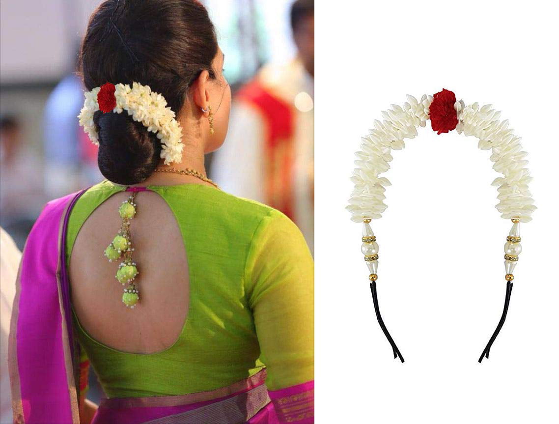 Foreign Holics Women's Nylon Metal White Flower Hair Gajra with Attached  Hair Pins - Pack of 2 Pieces 