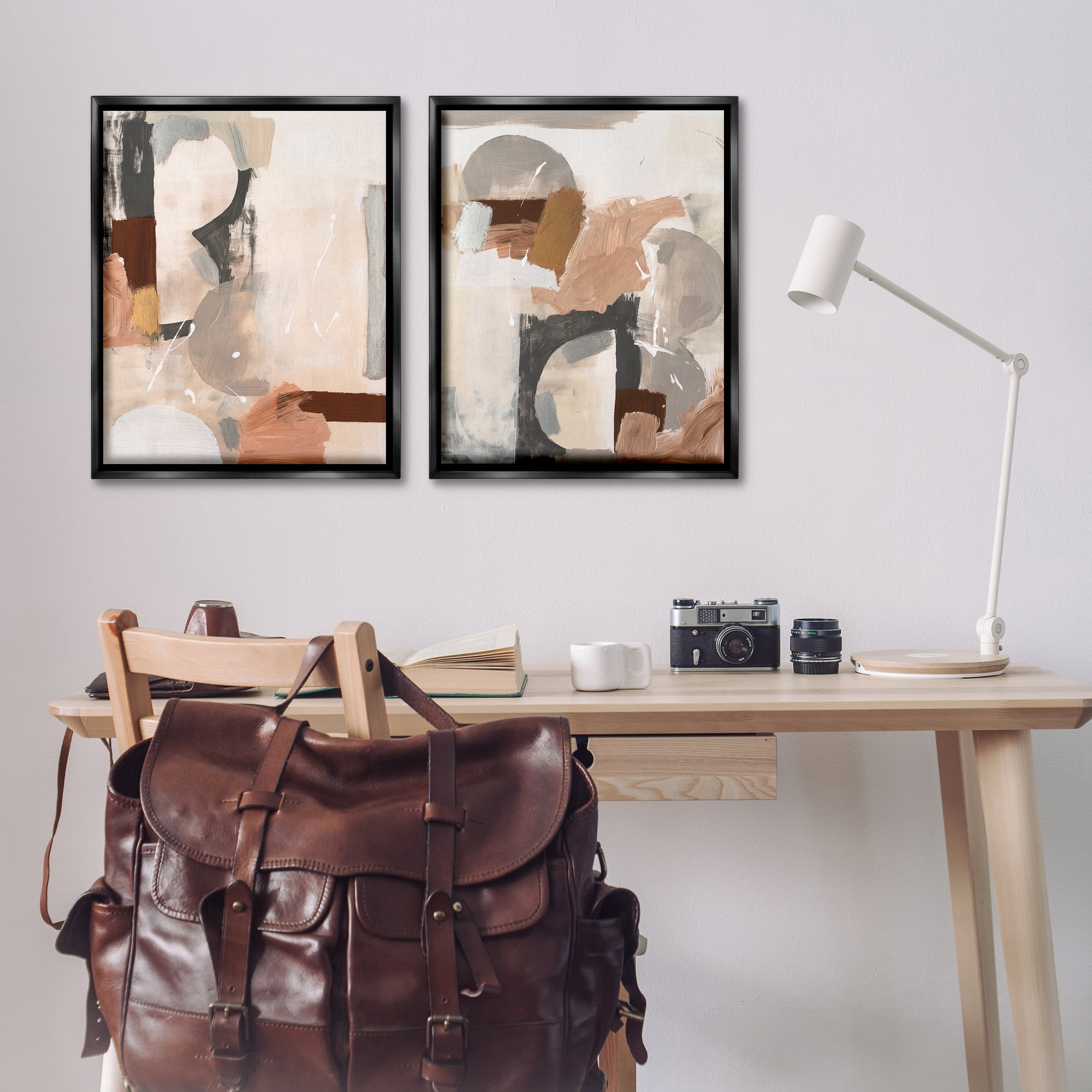 Stupell Industries Abstract Neutral Shapes Brown Abstract Painting Black Floater Framed Canvas Art Print Wall Art, 31 x 25, Set of 2