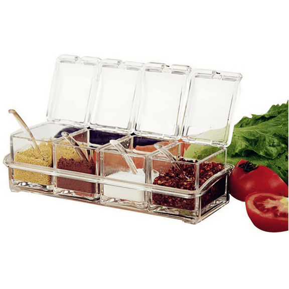 Transparent Seasoning Rack Spice Pots, Storage Container Condiment Jars, 4 Piece Acrylic Seasoning Box with Cover and Spoon, Spice Rack Organizer for Kitchen, Counter, Food Storage
