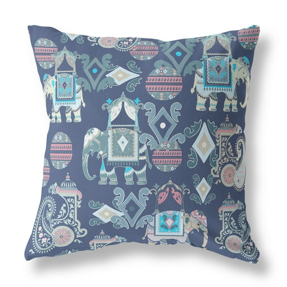Elephant Howdah Faux Suede Fabric Throw Pillow in Blue and Gray 20x20