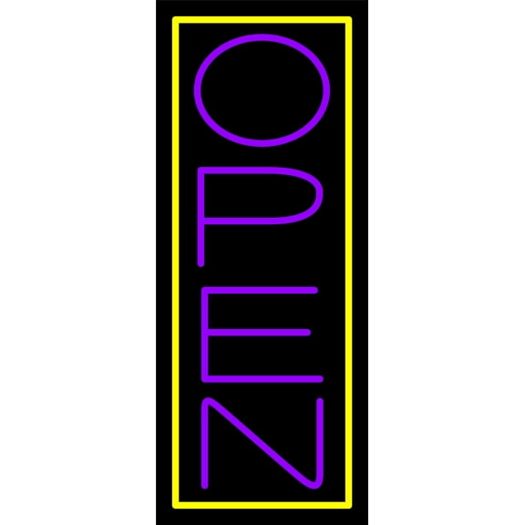 Purple Open With Yellow Border Vertical LED Neon Sign 24 x 10 - inches, Black Square Cut Acrylic Backing, with Dimmer - Bright and Premium built indoor LED Neon Sign for storefront.