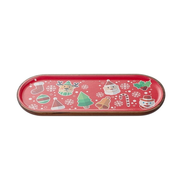 Large Christmas Wooden Serving Tray With Holiday Print,Red Oval Dessert Platter For Bread,Cookies,Party Snacks And Festive Table Decor