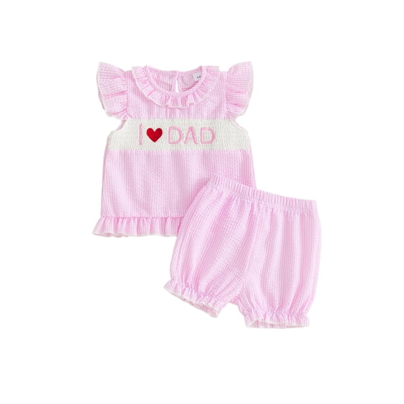 BemeyourBBs Toddler Baby Girl Summer Clothes Little Baby Girl Mothers Day Fathers Day Outfit I Love Mom Dad Letter Embroidery Flying Sleeve Striped Shirt Tops with Shorts Set Baby Girl Summer Outfit