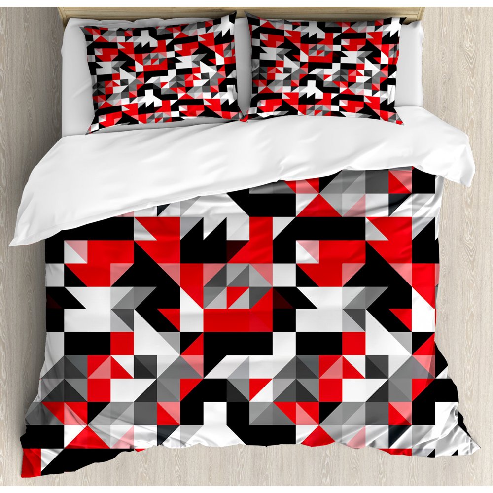 Red and Black Duvet Cover Set, Abstract Geometric Half Triangles