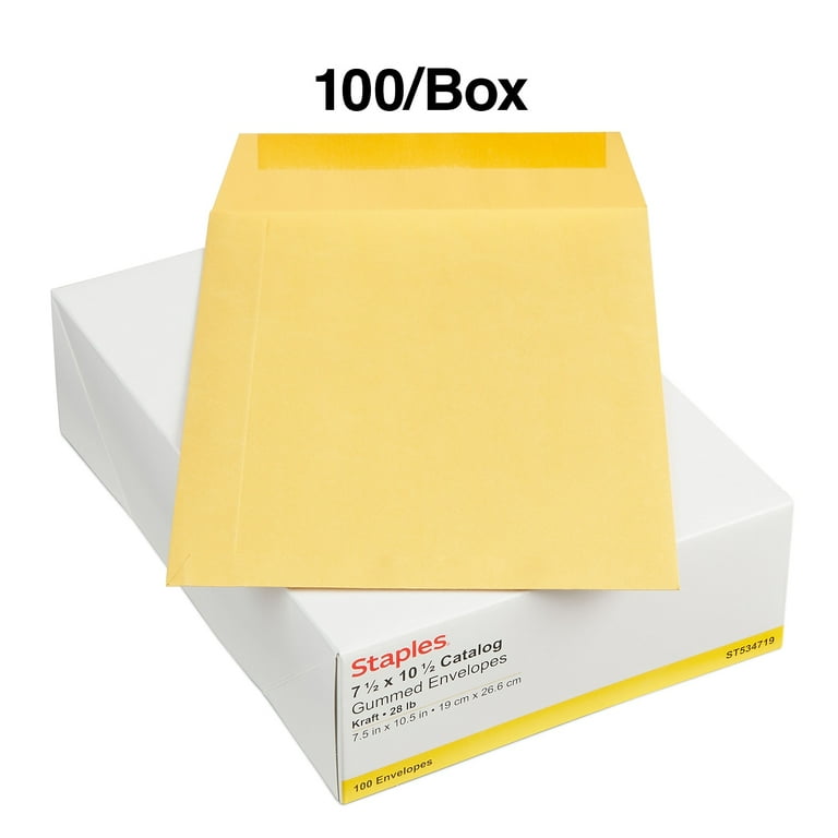 Staples Gummed Flap Kraft Envelope 7 1/2 x 10 1/2 Brown 100/BX  534719/17095