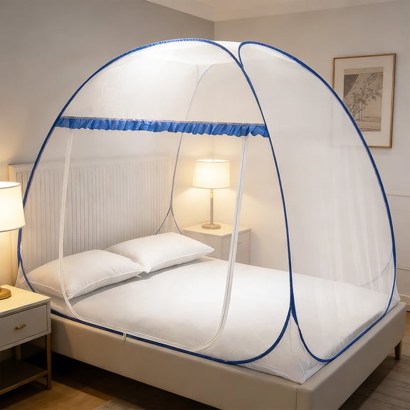 Mosquito Net for Bed, Folded Size 12 inch Portable Camping Travel Mosquito Net, Pop Up Mosquito Tent with Double Entry for King Queen Size Bed (Folded 12 Inch, 78.74"x70.86"x59.05")