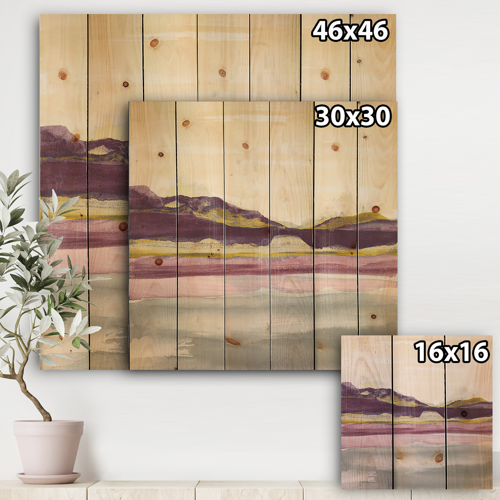 Designart 'Gold and Purple Landscape II' Shabby Chic Print on Natural Pine Wood
