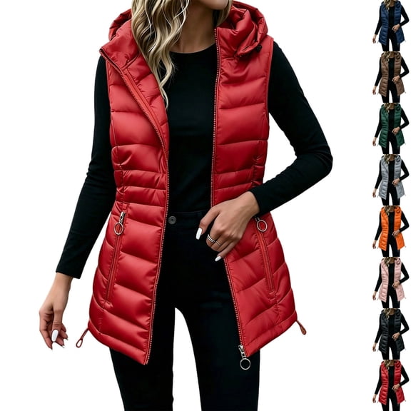 cocolona Puffer Long Vest for Women Quilted Warm Winter Sleeveless Coat Zipper Hooded Stand Collar Jacket with Pockets