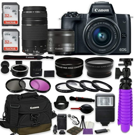 Canon EOS M50 Mirrorless Digital Camera (Black) Premium Accessory Bundle with EF-M 15-45mm IS STM Lens + EF 75-300mm + Canon Water Resistant Case + 64GB Memory + HD Filters + Auxiliary (Best Water Resistant Camera)