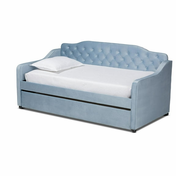 Baxton Studio Freda Transitional and Contemporary Light Blue Velvet Fabric Upholstered and Button Tufted Queen Size Daybed