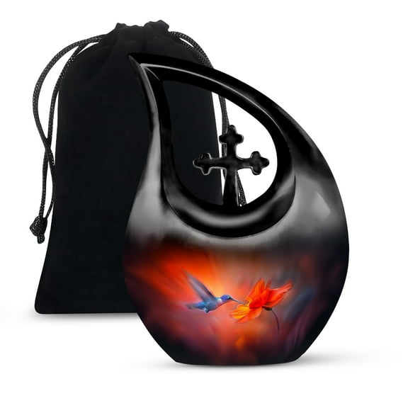 MUKTIVE Trochilinae Decorative Urn for Human Ashes Adult Mother & Father - Cremation Large Urn for Men & Women - Flower Cross Drop Urns for Funeral (10 Inch)