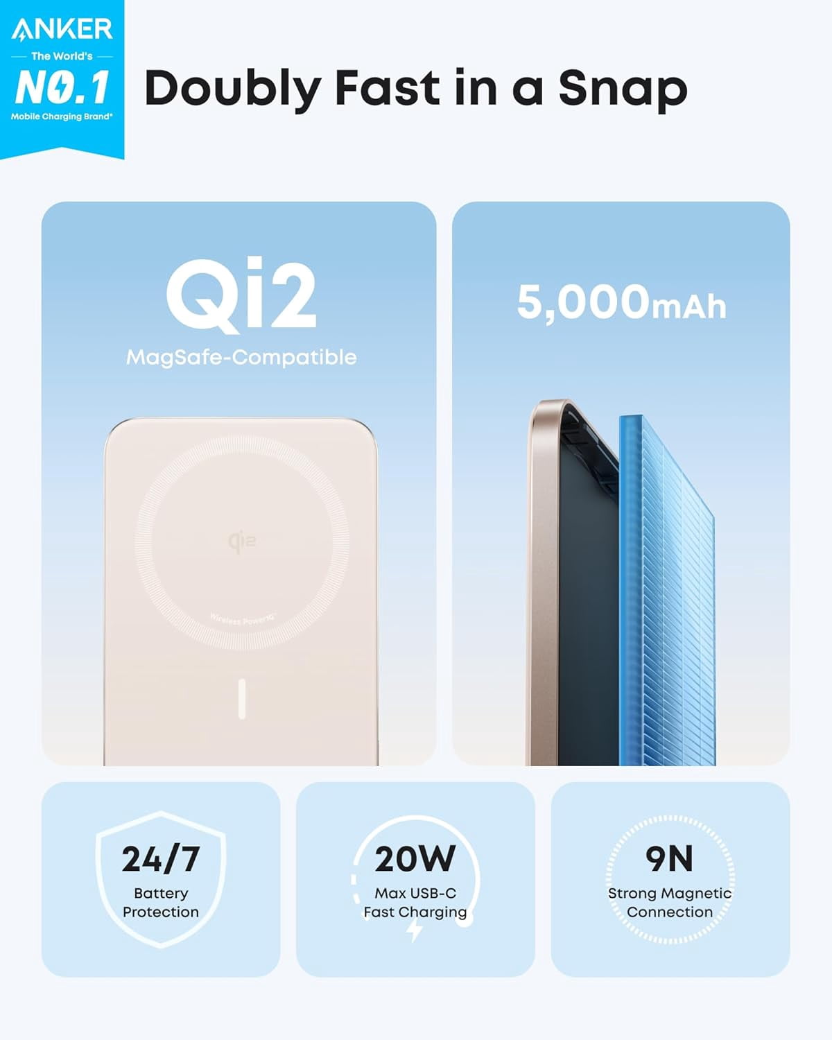 Anker Nano Power Bank, Ultra-Slim 5,000mAh Magnetic Wireless Charging Battery, Qi2 Certified 15W Max MagSafe-Compatible Portable Charger, Ergonomic Design, Compatible for iPhone Air/17/16 Series