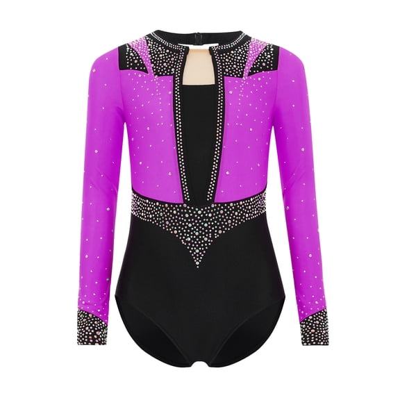 TTAO Rhythmic Gymnastics Leotard for Girls Long Sleeve Sparkle Ballet Dance Bodysuit Athletic Ballet Tumbling Biketard Purple 12