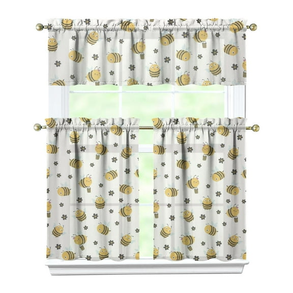 Kitchen Curtains 36 Inch Short - 3 Panel Set with Cute Bumble Bee and Honeycomb Print, Rod Pocket Window Curtain, 100% Polyester for Bee Lovers, Farmhouse, Kitchen, Living Room, Easy Wash