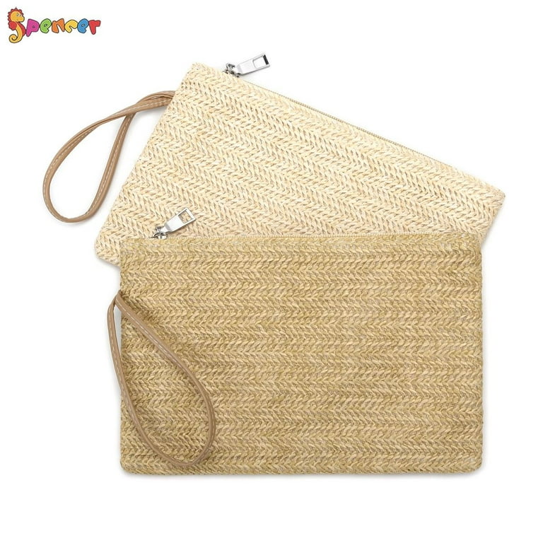Spencer Straw Clutch Bag Bohemian Zipper Wristlet Wallet Summer Beach  Handbag for Women Girls (9.4*6.1,Beige)